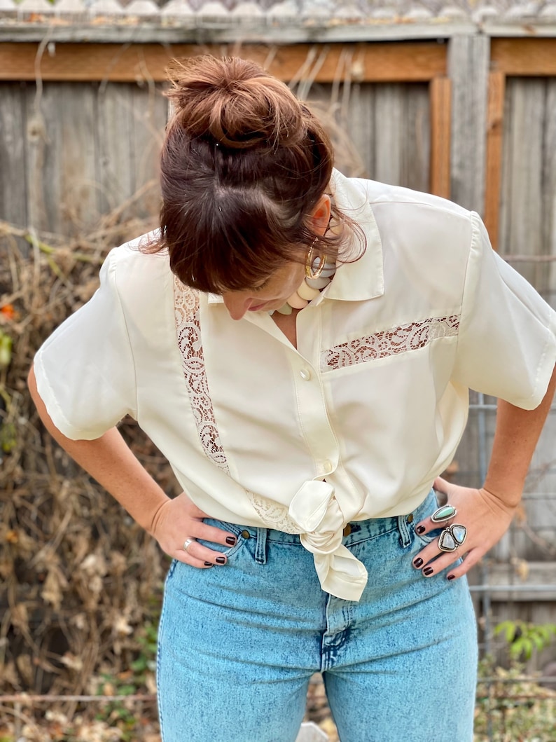 Cream Vintage Blouse White Button Up Top White Blouse 1970s Blouse Lace Blouse Secretary Blouse Boho Shirt 70s Vibe image 9