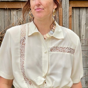 Cream Vintage Blouse White Button Up Top White Blouse 1970s Blouse Lace Blouse Secretary Blouse Boho Shirt 70s Vibe image 8