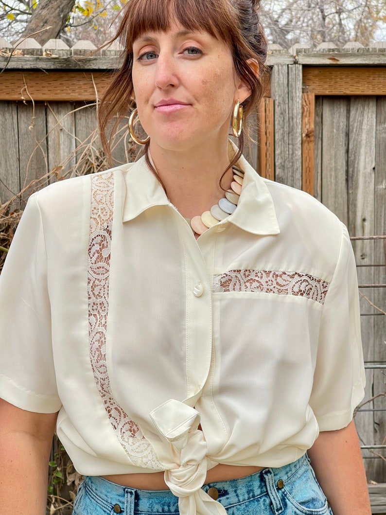 Cream Vintage Blouse White Button Up Top White Blouse 1970s Blouse Lace Blouse Secretary Blouse Boho Shirt 70s Vibe image 8