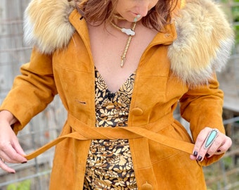 Vintage Marigold Suede Leather Coat • Fur Collar, 80s Style