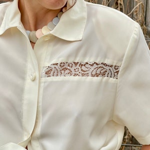 Cream Vintage Blouse White Button Up Top White Blouse 1970s Blouse Lace Blouse Secretary Blouse Boho Shirt 70s Vibe image 3