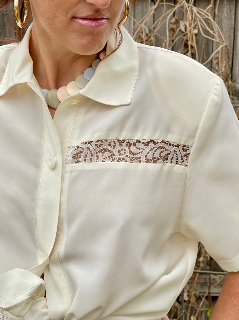 Cream Vintage Blouse White Button Up Top White Blouse 1970s Blouse Lace Blouse Secretary Blouse Boho Shirt 70s Vibe image 3