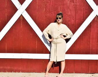 Vintage Silk Dress • Beige 80s Wiggle Dress with Tie Waist