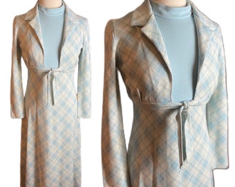 1960s Mod Baby Blue Plaid Dress and Jacket • 60s Melissa Lane Maxi Dress•  Vintage Holiday Outfit • Vintage Kaftan •