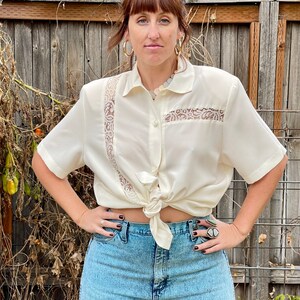 Cream Vintage Blouse White Button Up Top White Blouse 1970s Blouse Lace Blouse Secretary Blouse Boho Shirt 70s Vibe image 6