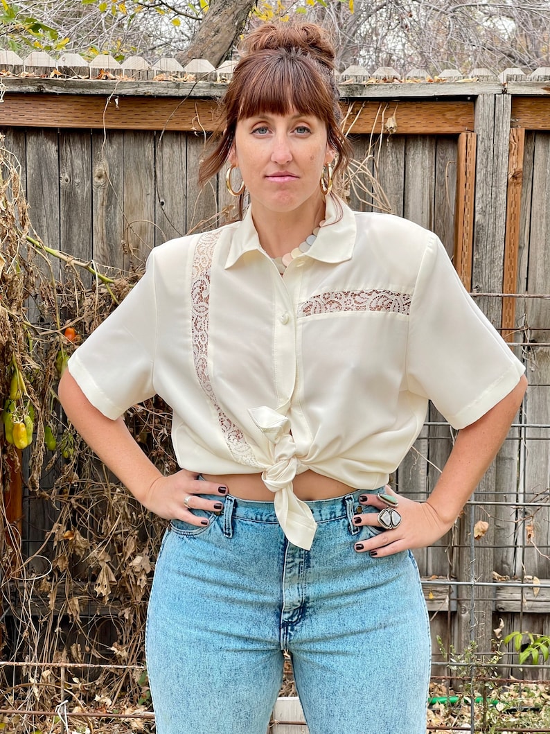 Cream Vintage Blouse White Button Up Top White Blouse 1970s Blouse Lace Blouse Secretary Blouse Boho Shirt 70s Vibe image 6