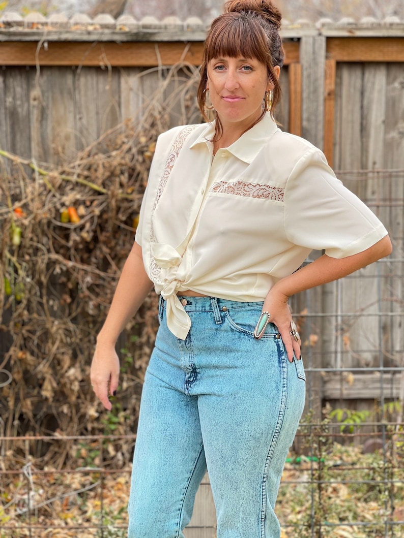 Cream Vintage Blouse White Button Up Top White Blouse 1970s Blouse Lace Blouse Secretary Blouse Boho Shirt 70s Vibe image 1