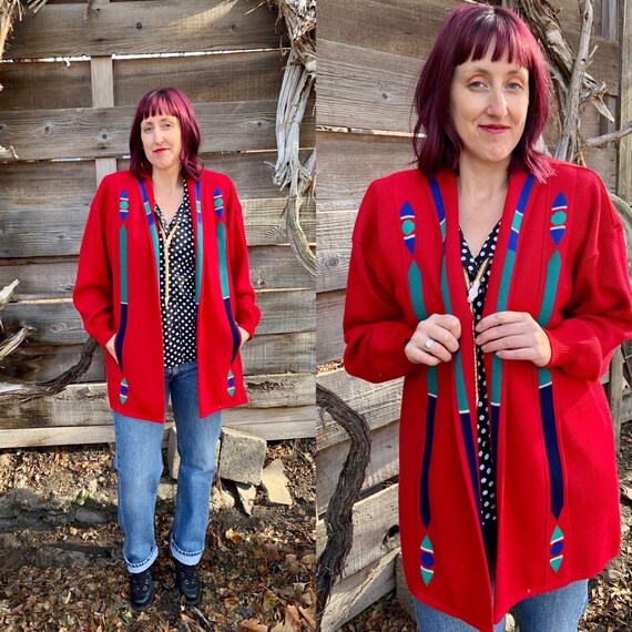 Red Vintage Sweater • Vintage Cardigan • Holiday S