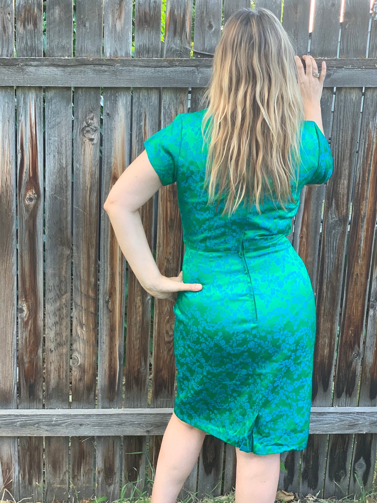 Vintage 60s Brocade Wiggle Dress • Emerald Green Floral, Size 6