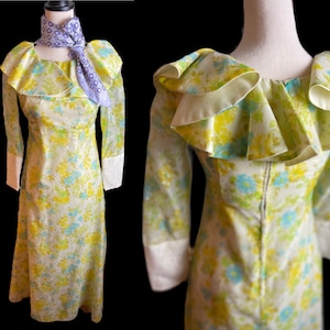 Vintage 1970s Blue and Yellow Daisy Dress • Vintage Cottagecore Sunflower Boho Hippy Maxi Dress • Floral Organza Maxi Dress • Clown Couture