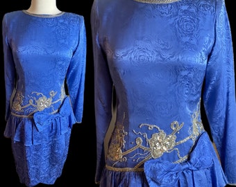Vintage 80s Glam Periwinkle Party Dress • Vintage Sequin Cocktail Dress • Blue Sequin Holiday Dress •