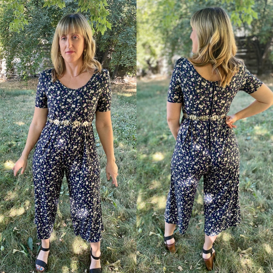 Vintage Floral 90s Wide Leg Jumpsuit Floral Jumpsuit 90s Navt Blue Floral High Waisted Jumpsuit
