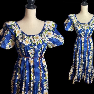 1960s Hawaiian Dress • Royal Hawaiian Creations Vintage Floral Maxi Dress • Vintage Blue Ruffle Floral Dress Made In Hawaii • Pinup Dress •