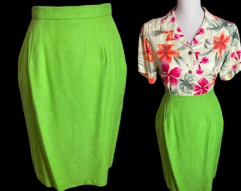 Vintage 80s Green Pencil Skirt • Classic Vintage Skirt • Lime Green 80s Skirt • Pinup Rockabilky Apple Green Skirt •