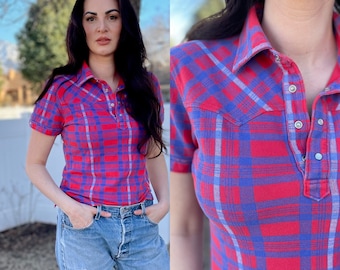 1970s Western Plaid Shirt • 70s Southwester Top with Pearl Buttons • Pinup Polo Shirt •