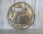 Vintage brass hot pot holder, vegetable fruit pattern brass hot pot plate base, brass plant vase base, brass pot stand pad kitchen decor