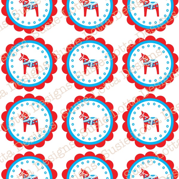 Red Dala horse Party Theme - Scalloped Cupcake Topper - Printable PDF