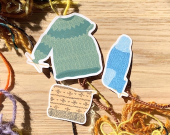 Knitter Sticker Set: WIP Sweater, Hat & Sock - Waterproof Vinyl