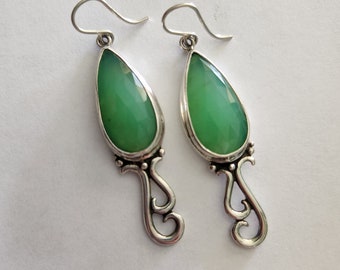 Long Sterling Silver Asymmetric Swirl Chrysoprase Statement Earrings