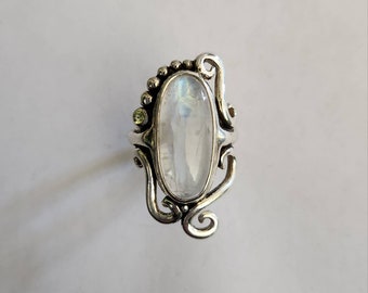 One of a Kind Sterling Silver Asymmetric Swirl Rainbow Moonstone Long Finger Statement Ring