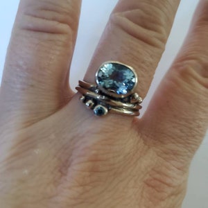 14Kt White Solid Gold Asymmetric Aquamarine & Blue Diamond Statement Ring, March Birthstone