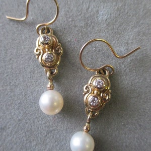 14Kt. Gold Swirl Diamond & Pearl Bridal Earrings, June Birthstone