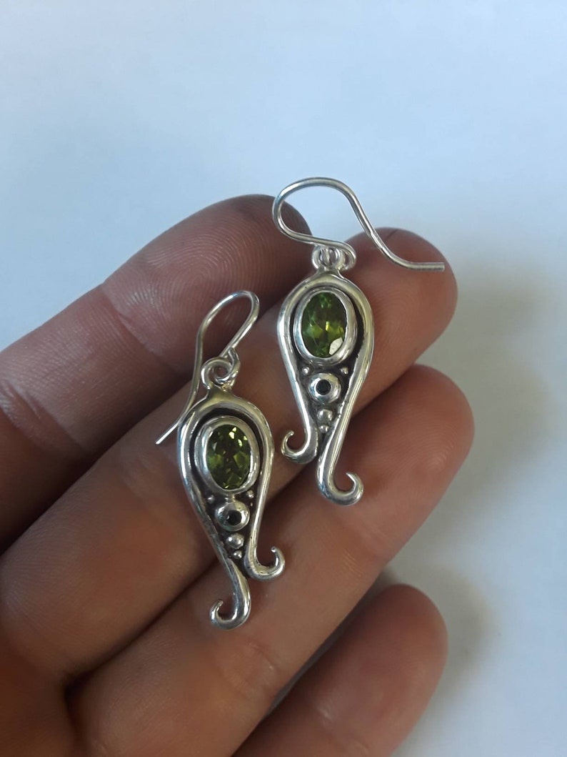 Sterling Silver Asymmetric Swirl Peridot & Black Spinel Earrings, August Birthstone image 2