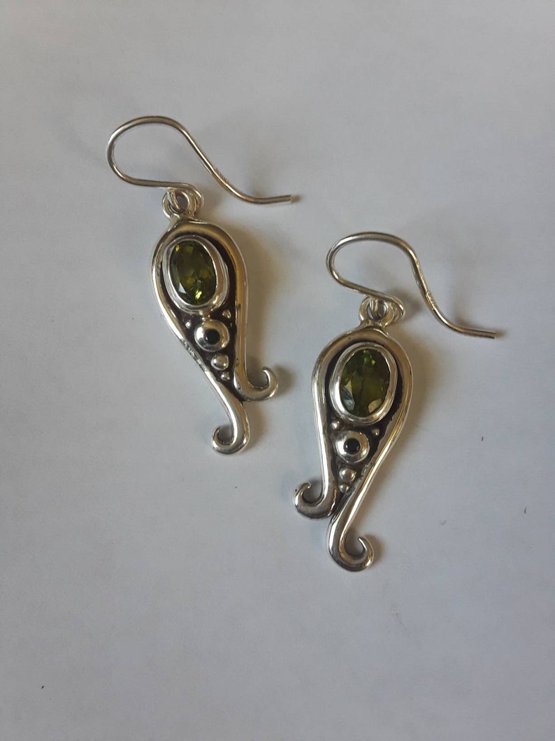 Sterling Silver Asymmetric Swirl Peridot & Black Spinel Earrings, August Birthstone image 1