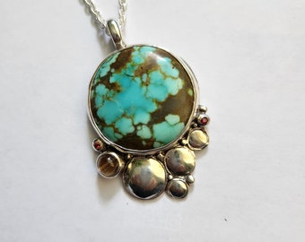 One of a Kind Sterling Silver Turquoise & Rutilated Quartz Geometric Circle Bubble Statement Pendant