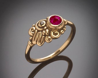 14Kt Solid Gold Natural Ruby & Black Spinel Asymmetrical Ring, July Birthstone #R54YG