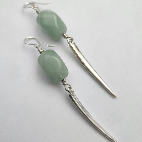 Long Sterling Wire Wrapped Pastel Green Aventurine Quartz & Fork Spike Statement Earrings