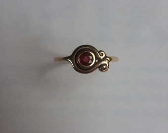 14kt Solid Yellow Gold Asymmetric Swirl Natural Ruby Ring, July Birthstone