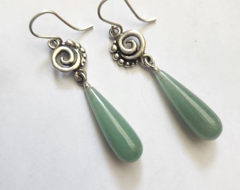 Long Sterling Silver Asymmetric Spiral Aventurine Quartz Statement Earrings