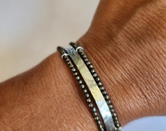 Sterling Silver Hammered Pyrite Beaded Cuff Bracelet