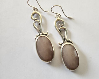 Long Sterling Silver Asymmetric Swirl Sunstone Statement Earrings