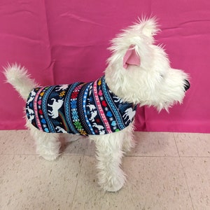May include: White dog wearing a blue, pink, and green sweater with a unicorn pattern. The sweater has a rainbow stripe and the words "Joy Joy Joy" repeated on it.