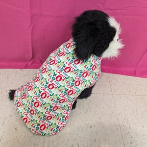 May include: A black and white dog wearing a white, red, and green Christmas-themed sweater with the words "Merry Christmas" and "Cheer" repeated on it.