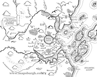 Fantasy maps of New England places: Acadia, Burlington, Manchester, Portland