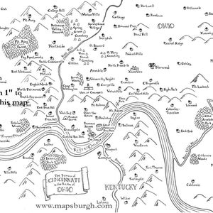 May include: A hand-drawn map of Cincinnati, Ohio, with surrounding areas. The map shows the city's neighborhoods, parks, and major roads. The map is titled "The Domain of Cincinnati in the Realm of Ohio".
