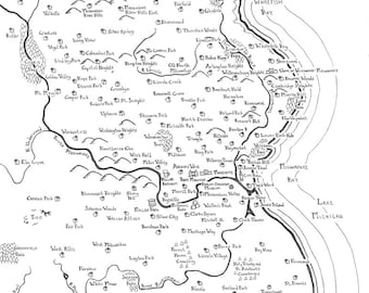 Fantasy maps of Great Lakes cities: Milwaukee, East Lansing, Door County, North Shore