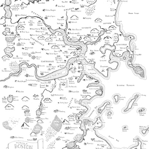 May include: A detailed black and white map of Boston and surrounding areas in Massachusetts. The map includes labeled towns, rivers, and landmarks, with the text "The Domain of Boston" and "www.mapsburgh.com".