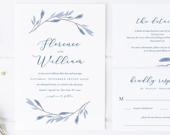 simple blue watercolor wedding invitation set / dusty blue wedding invitation template / minimalist wedding invite