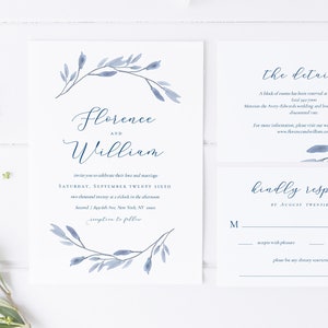 simple blue watercolor wedding invitation set / dusty blue wedding invitation template / minimalist wedding invite