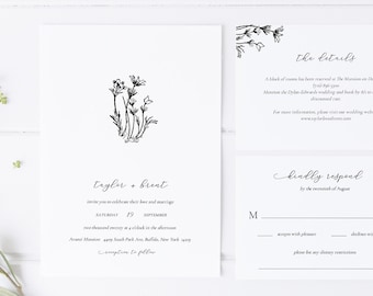 simple wildflower wedding invitation template set / minimalist wedding invitation template set / floral wedding invitation suite download