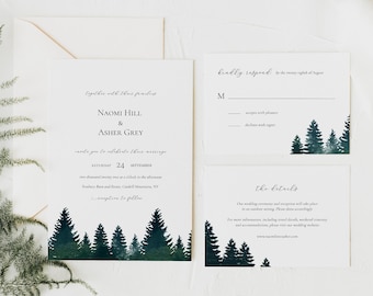 pine forest wedding invitation template set / rustic pine tree wedding invitation set / printable / Templett / editable / instant download