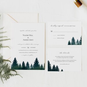 pine forest wedding invitation template set / rustic pine tree wedding invitation set / printable / Templett / editable / instant download