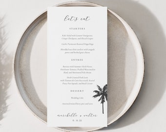 palm tree wedding menu / tropical wedding menu template / tropical menu card / destination wedding menu card template / minimalist menu
