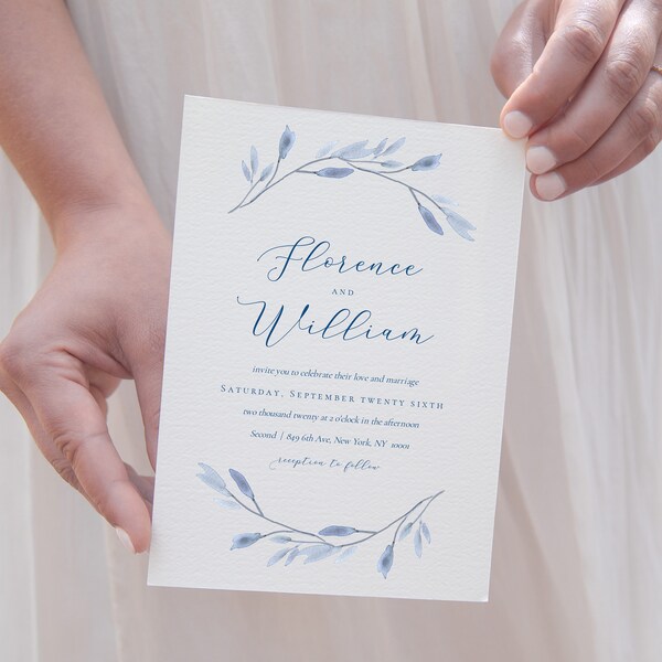 blue watercolor wedding invitation template / classic blue wedding invitation / blue floral wedding invitation template download