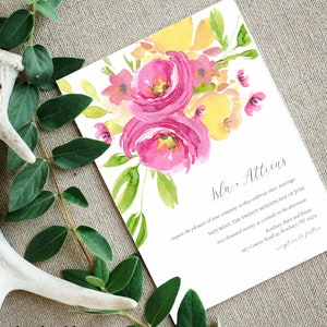 tropical wedding invitation template / bright floral wedding invitations / pink wedding invite