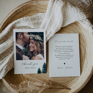 plantilla de tarjeta de agradecimiento de pino / plantilla de tarjeta de agradecimiento con foto / boda editable / boda en el bosque / descarga instantánea / templett